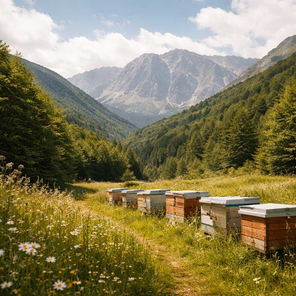 Apiari in alta quota tra prati fioriti e montagne, paesaggio del miele di montagna