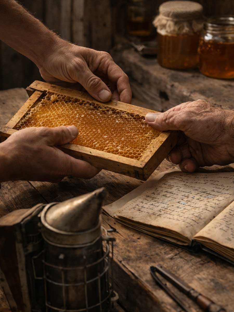 Mani di due generazioni con telaio di miele, continuità dell’apicoltura dal 1865