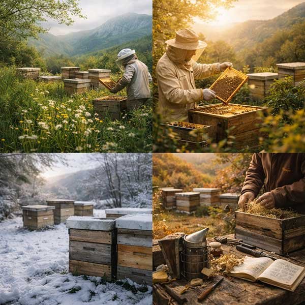 apicoltura-dal-1865-chi-siamo-stagioni-apiario-cura-alveari Collage delle stagioni in apiario, continuità dell’apicoltura dal 1865