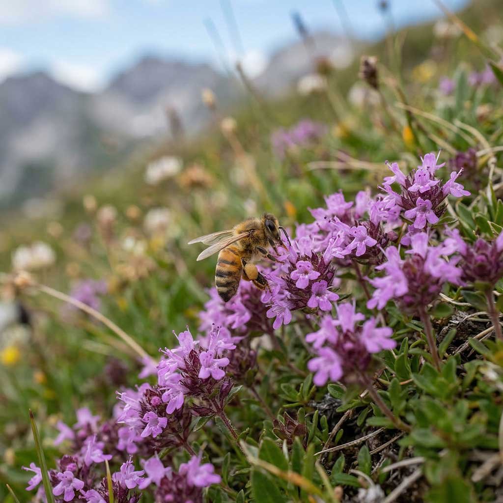 Ape su fiore spontaneo di montagna, espressione della biodiversità del Parco