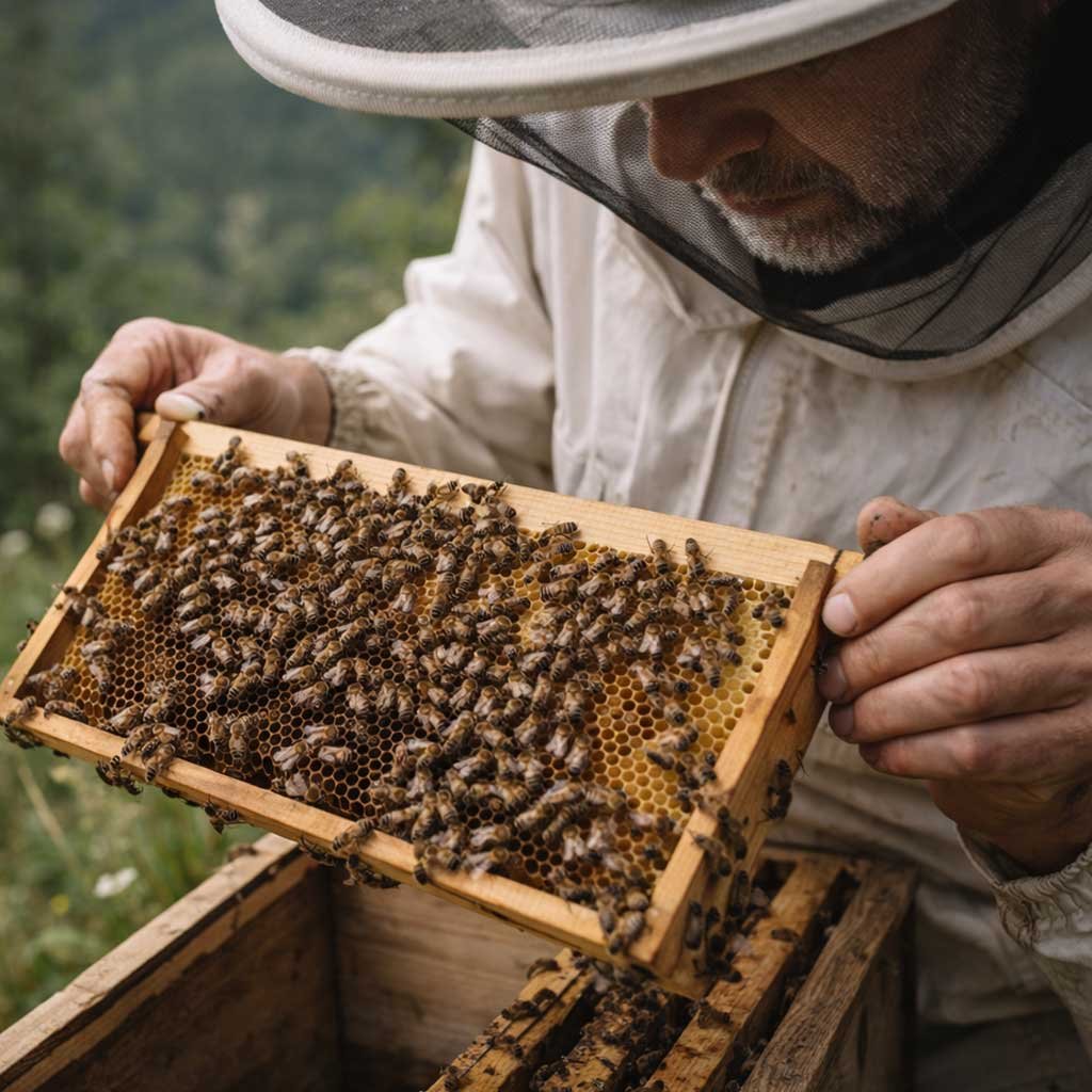 biodiversita-del-parco-blog-apicoltore-telaio-api Apicoltore con telaio coperto di api, lavoro che custodisce la biodiversità del Parco