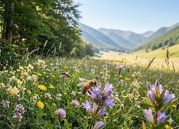Api tra fiori di campo in una valle del Parco d’Abruzzo, origine naturale del miele di montagna