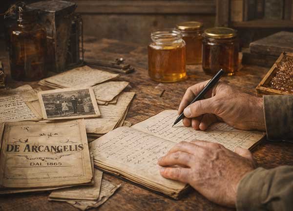 Mani che scrivono tra documenti storici e vasetti, memoria familiare del miele di montagna