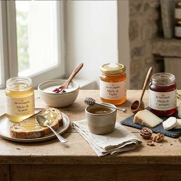 Selezione di vasetti con degustazioni e abbinamenti, varietà del miele di montagna