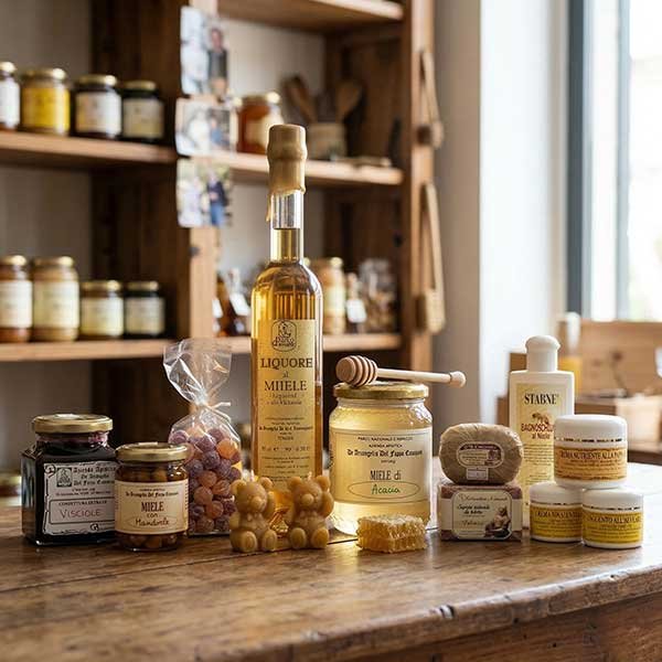 Specialità artigianali dell’alveare in esposizione su tavolo rustico